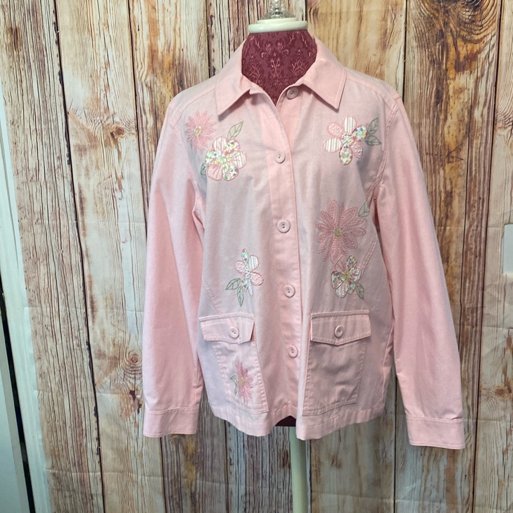 Alfred Dunner Women  Pink Sz 14 Button Up Embroidered Stitching  Floral Jacket